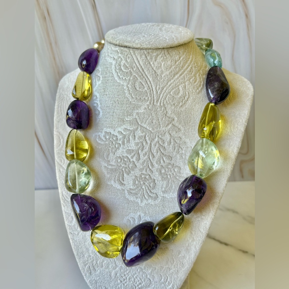 Genuine Large Peridot, Aquamarine & Amethyst Stunning Statement Necklace